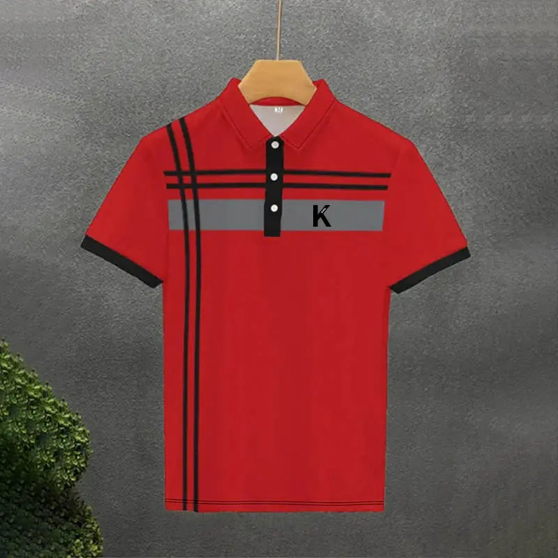 Men's red rugby polo shirt with black stripe accents and gray chest panel