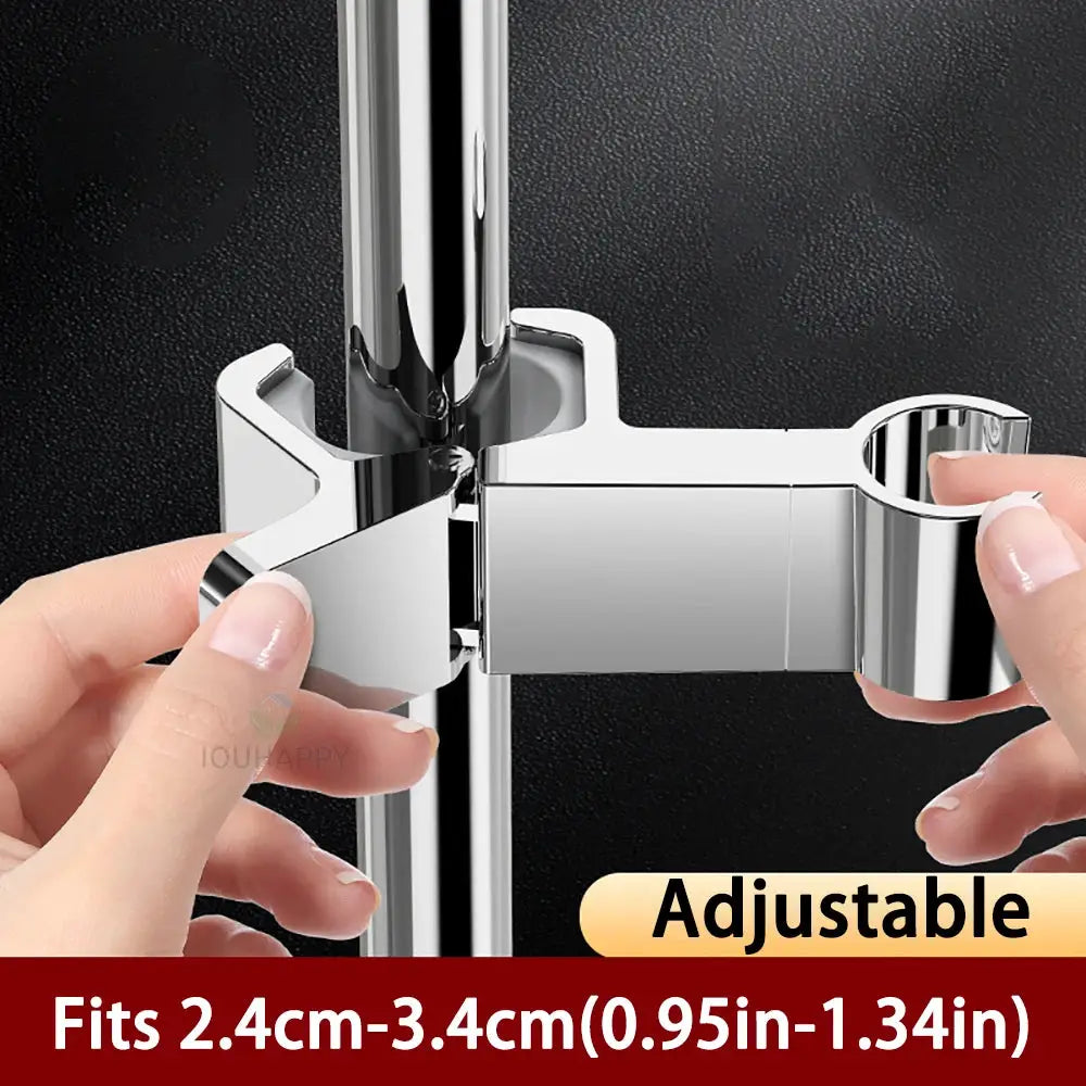 Chrome adjustable shower rail holder for universal shower head; hand shower bracket fits 2.4–3.4 cm rail diameter.