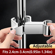 Chrome adjustable shower rail holder for universal shower head; hand shower bracket fits 2.4–3.4 cm rail diameter.