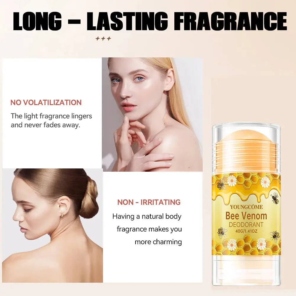 Youngcome Bee Venom Deodorant bottle with honeycomb design and long lasting fragrance 40g