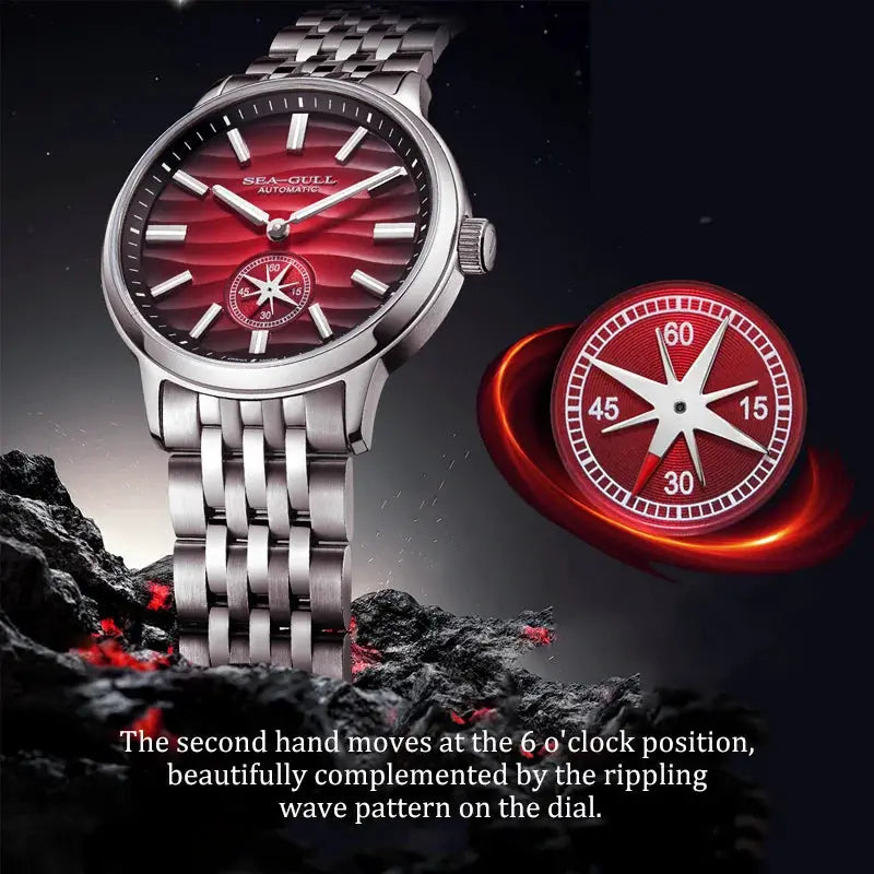 Sea-Gull automatic men's watch with red gradient dial and stainless steel bracelet; red disc shown beside