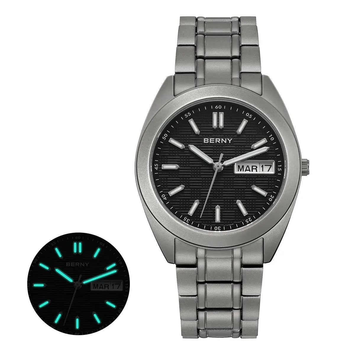 BERNY titanium men's wristwatch with date, 38mm, metal link bracelet, Simples Market