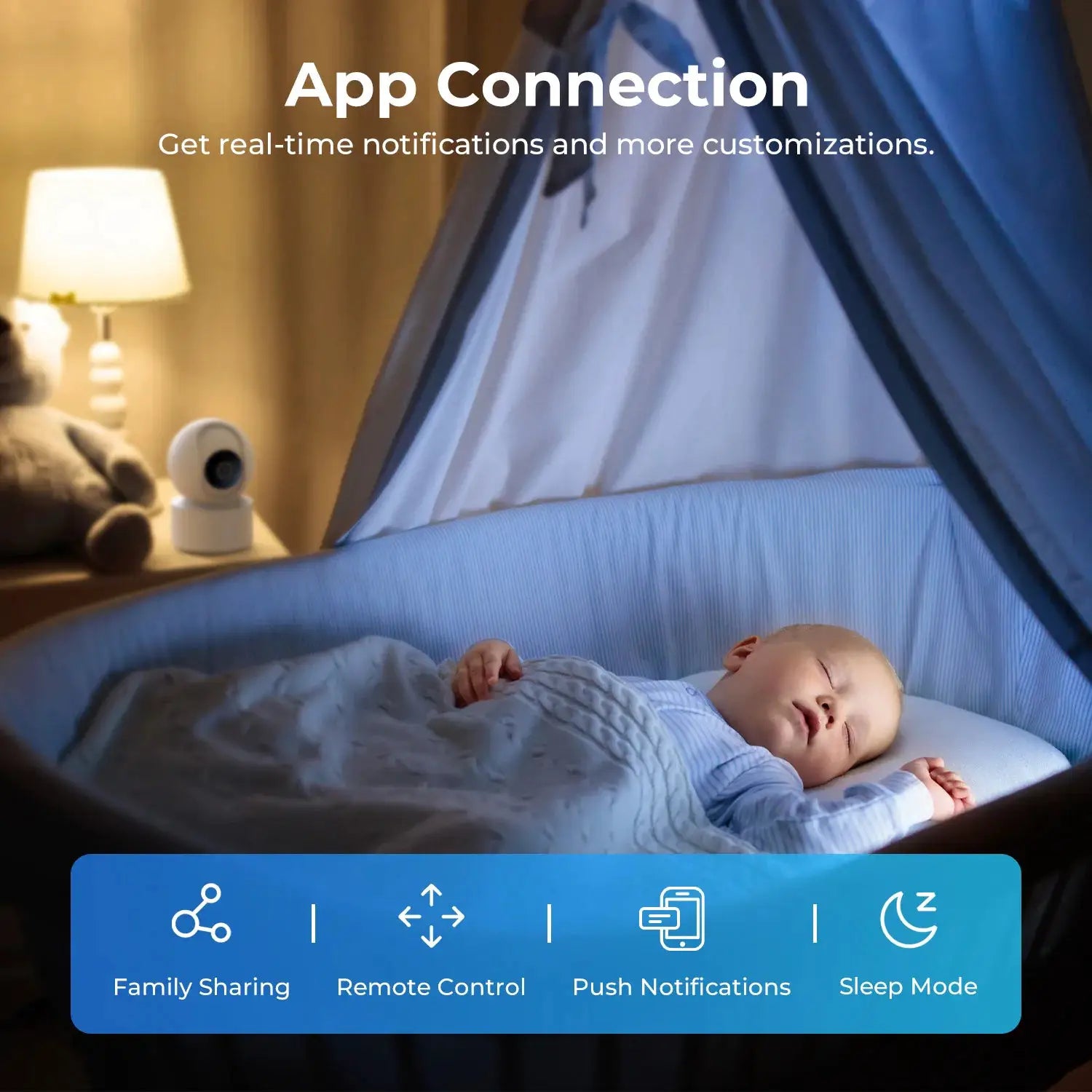 IMILAB white baby monitor camera on a nightstand beside a teddy bear and lamp, with a sleeping baby in a blue tent.