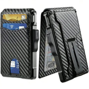 Men's carbon fiber minimalist wallet by Simples Market with money clip, ID window, RFID blocking