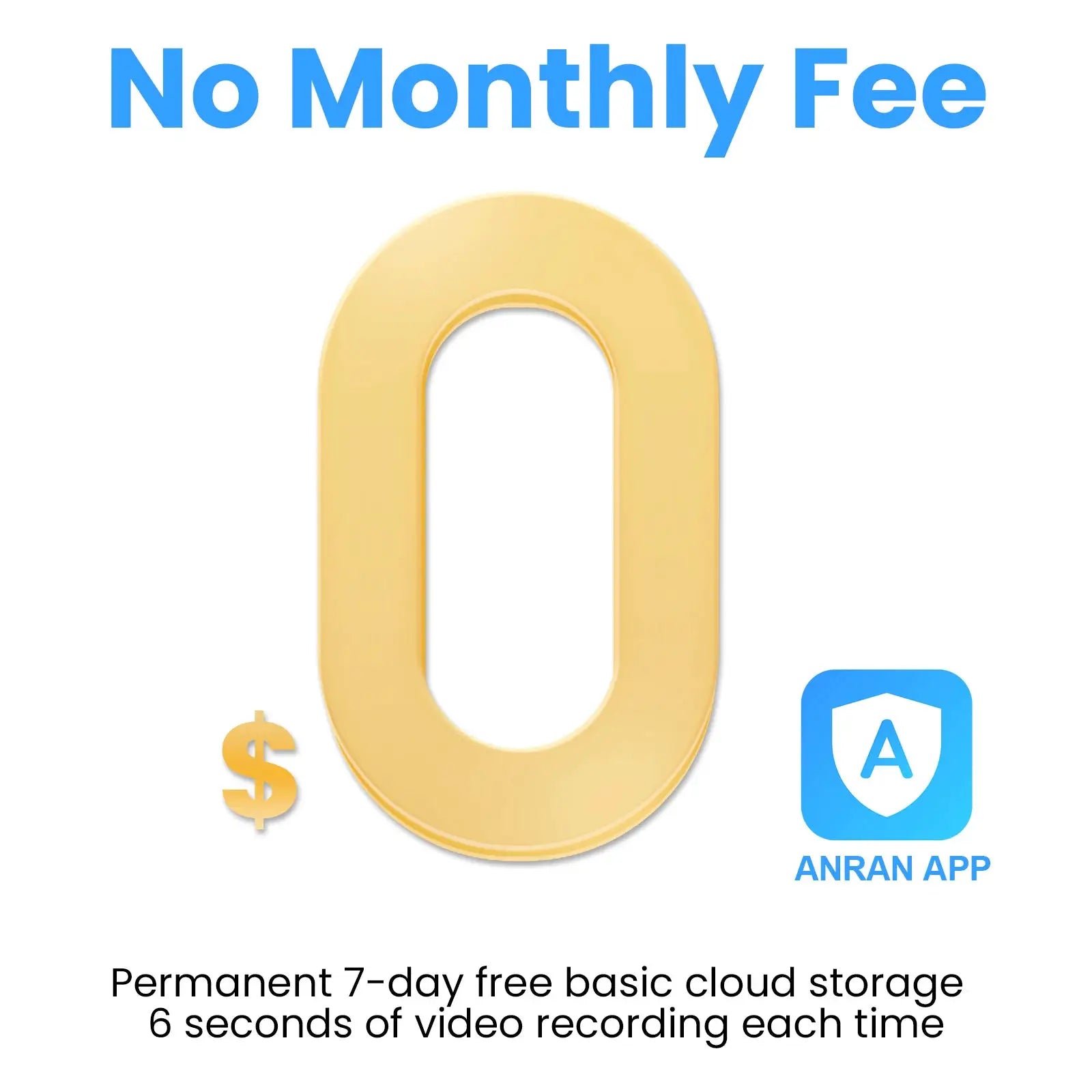 ANRAN outdoor wireless security camera promo banner showing No Monthly Fee and ANRAN app icon