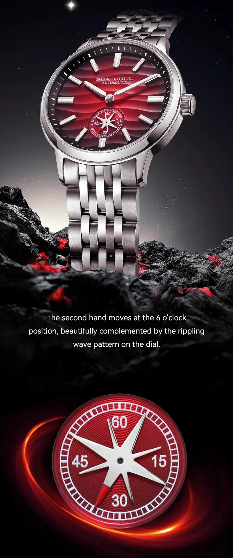 Sea-Gull automatic men's watch with red dial and stainless steel bracelet