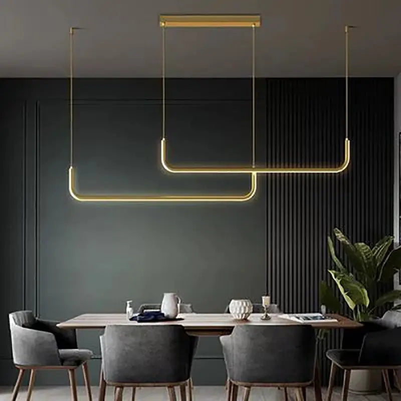 Simples Market modern LED strip chandelier light, two gold hanging pendants for dining room decor