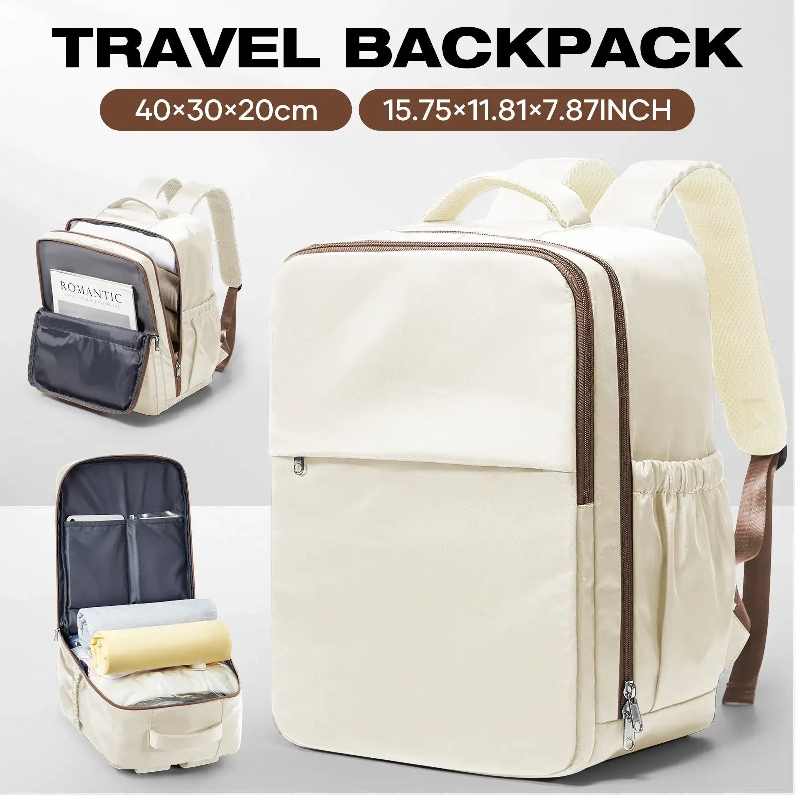Simples Market beige cabin travel backpack set; two carry-on backpacks (40x30x20 cm) with brown zippers.
