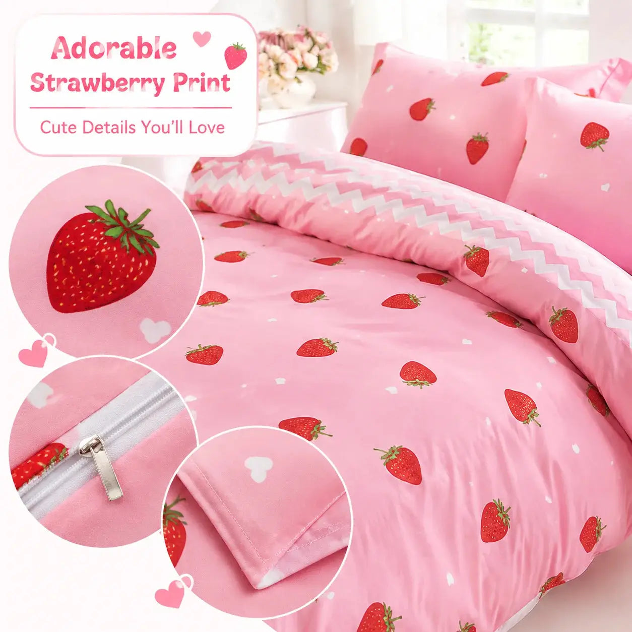 Pink strawberry pattern duvet cover set with pillowcases, zipper closure, twin/full