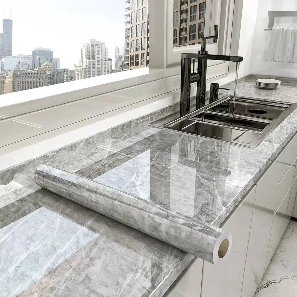 40cm kitchen self-adhesive wallpaper roll with grey marble pattern for countertops and cabinets