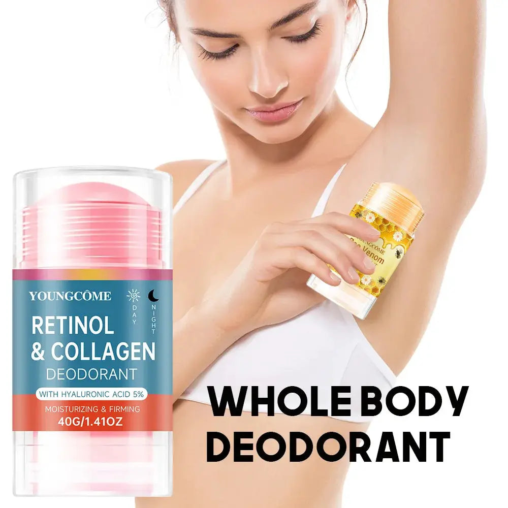 Youngcome Retinol & Collagen deodorant bottle with pink cap; a woman applies a small roll-on underarm.