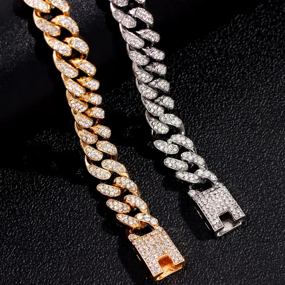 Hip Hop Cuban Link Bracelet for Men and Women Iced Out Rhinestone Gold Silver Color Miami Chain Unisex Jewelry Gift