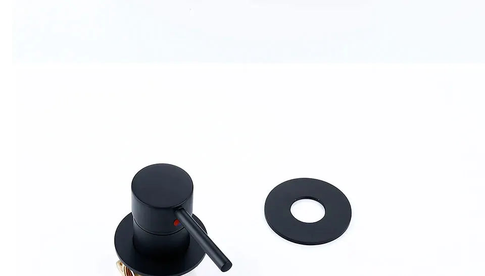 Basin faucet wall-mounted matte black two-piece set with single handle and round escutcheon plate.
