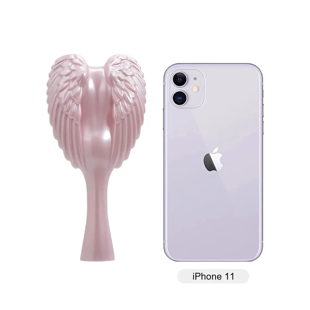 Professional mini angel-wing detangling hairbrush by Simples Market, pink, anti-static; shown beside iPhone 11