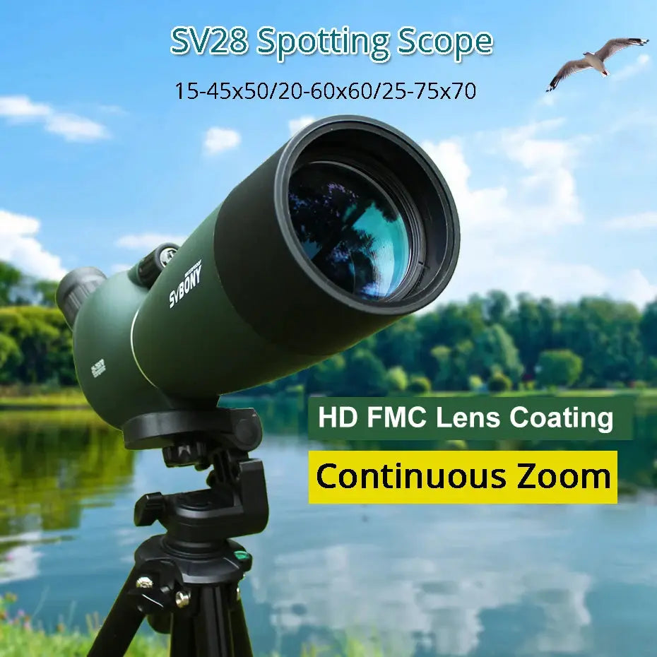 SV28 spotting scope on tripod; olive green, Simples Market, with HD FMC lens coating and continuous zoom