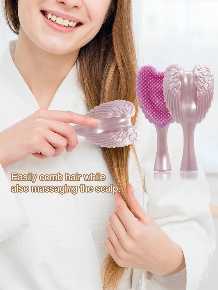 Pink angel-wing mini detangling brush and comb set, anti-static, 2-piece salon tools