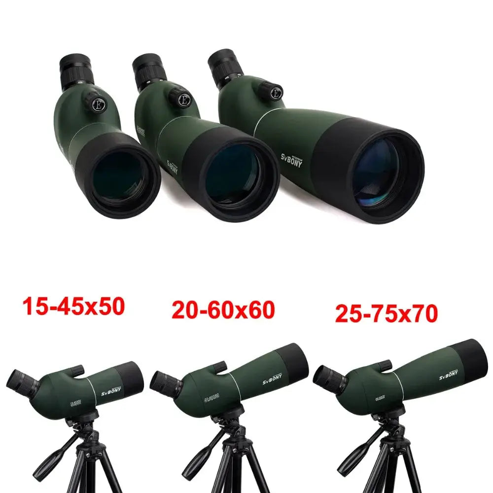 Three green SVBONY SV28 spotting scopes on tripods with adjustable zoom 15-45x50, 20-60x60, 25-75x70.