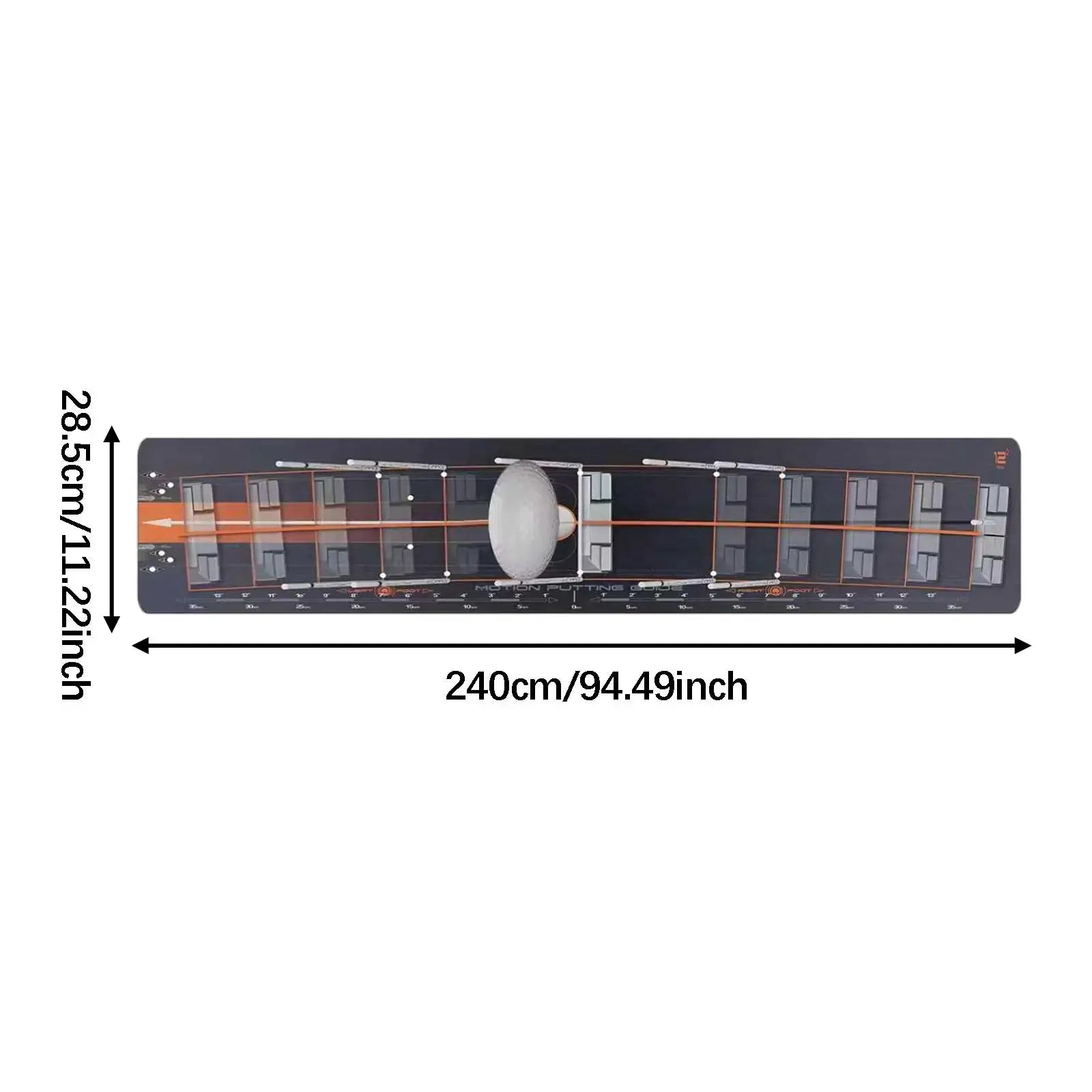Golf putting mat by Simples Market, portable dark mat with orange alignment lines, 240cm long.