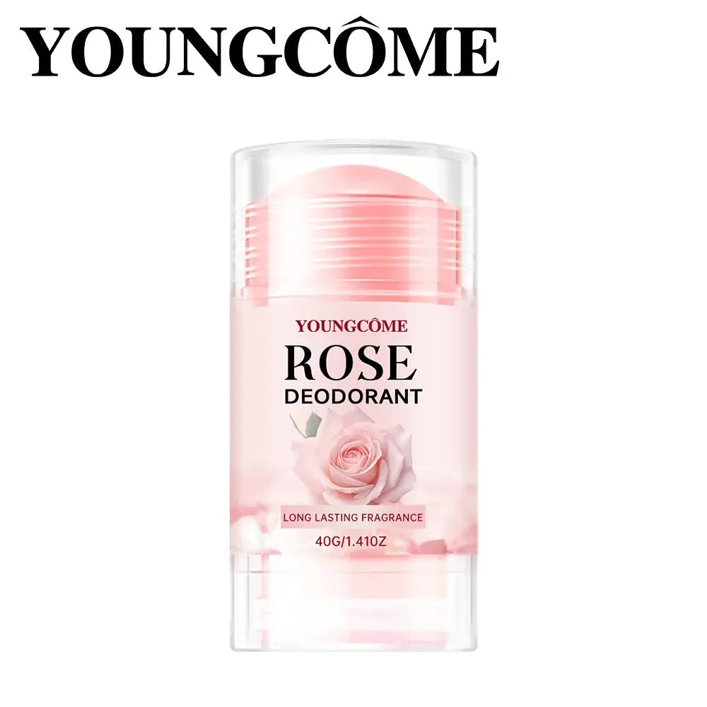 YOUNGCOME Rose Deodorant Stick; pink packaging with rose illustration, long-lasting fragrance, 40g/1.4oz
