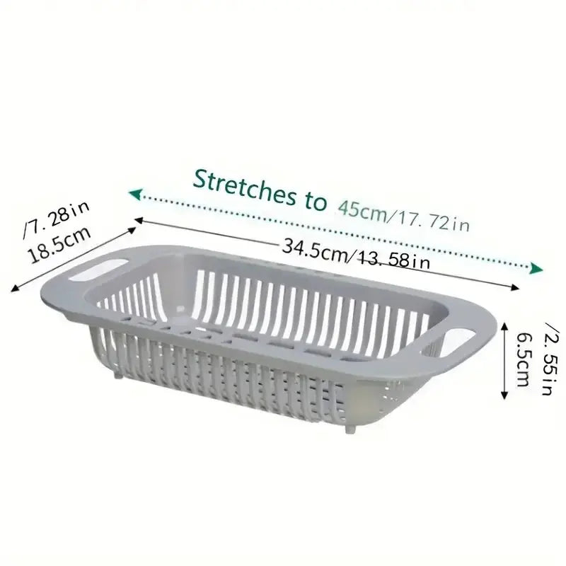 Simples Market adjustable kitchen sink rack in grey plastic; stretches from 34.5 cm to 45 cm.