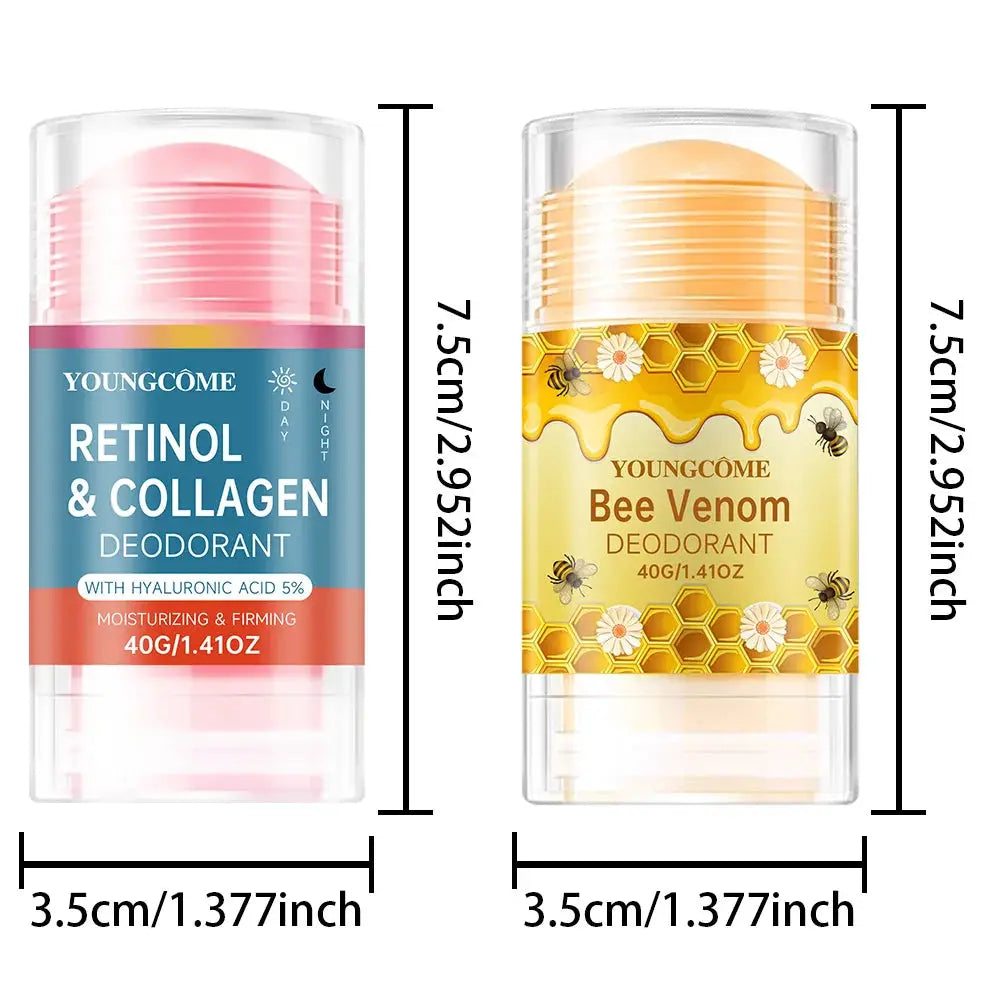 Two Youngcome deodorants: Retinol & Collagen (pink cap) and Bee Venom (honeycomb label).