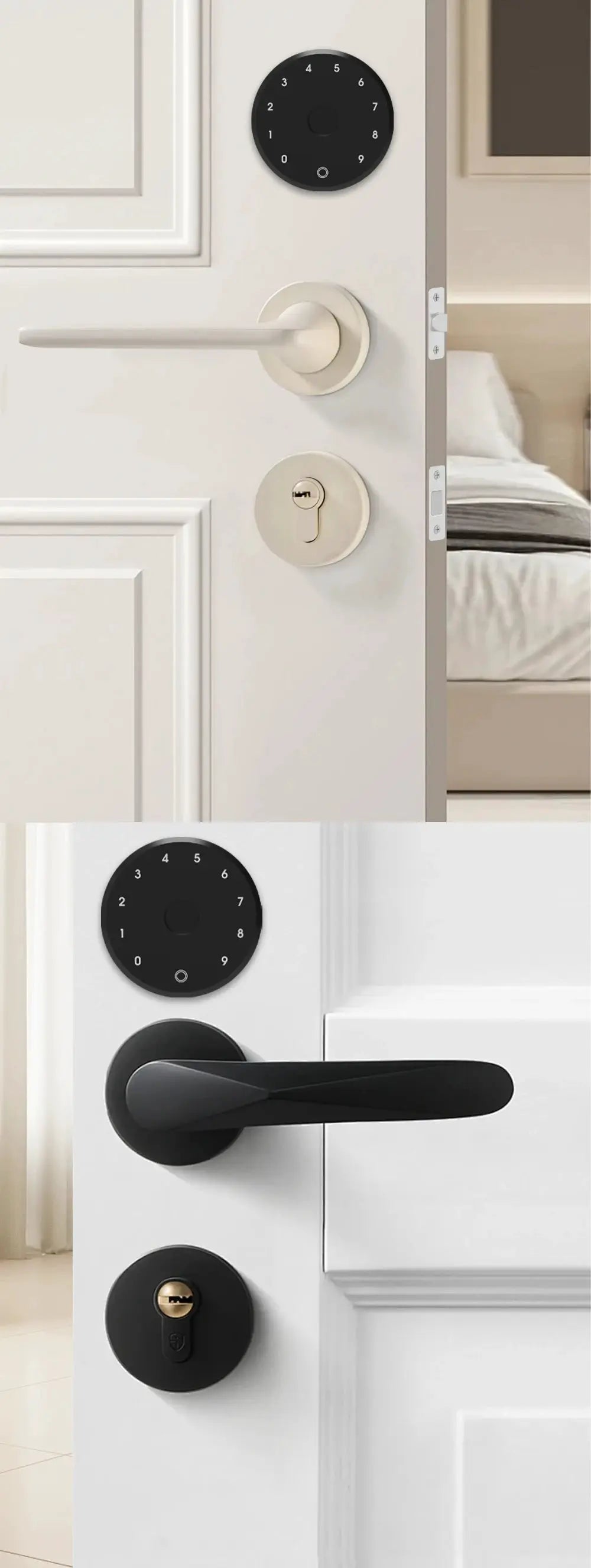 RAYKUBE A1 smart door lock by Simples Market; circular black keypad on white door, beige lever, two views