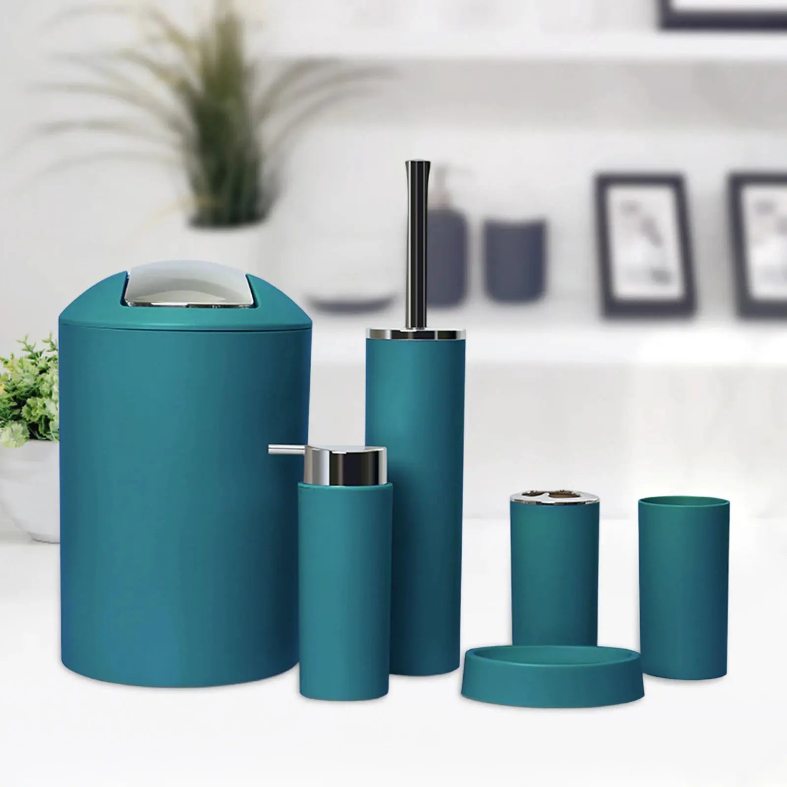 6-piece teal bathroom accessories set including trash can, lotion dispenser, toothbrush holder, soap dish, and toilet brush with holder