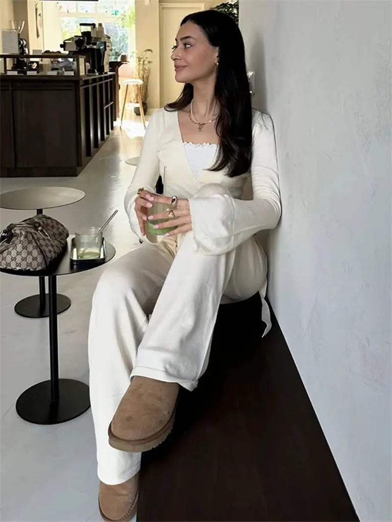 Absobe 2 Piece Leisure Suit Women Flare Sleeve Crop Cardigan Pants