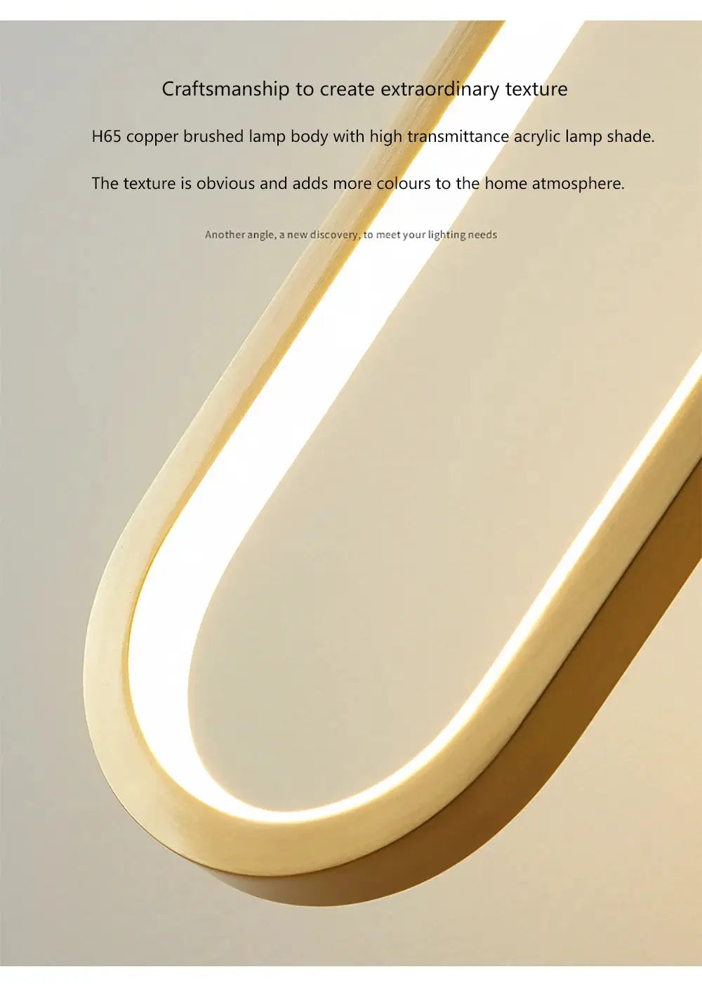 Modern minimalist gold LED pendant light chandelier with curved U-shaped frame.