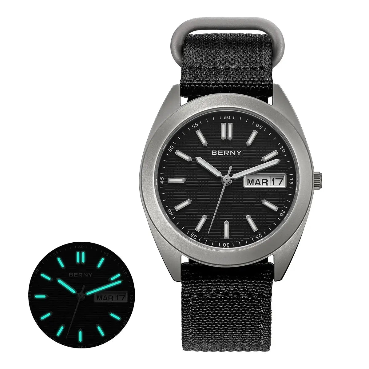 BERNY titanium men's watch, 38mm, black dial, date display, silver case, black fabric strap, luminous hands