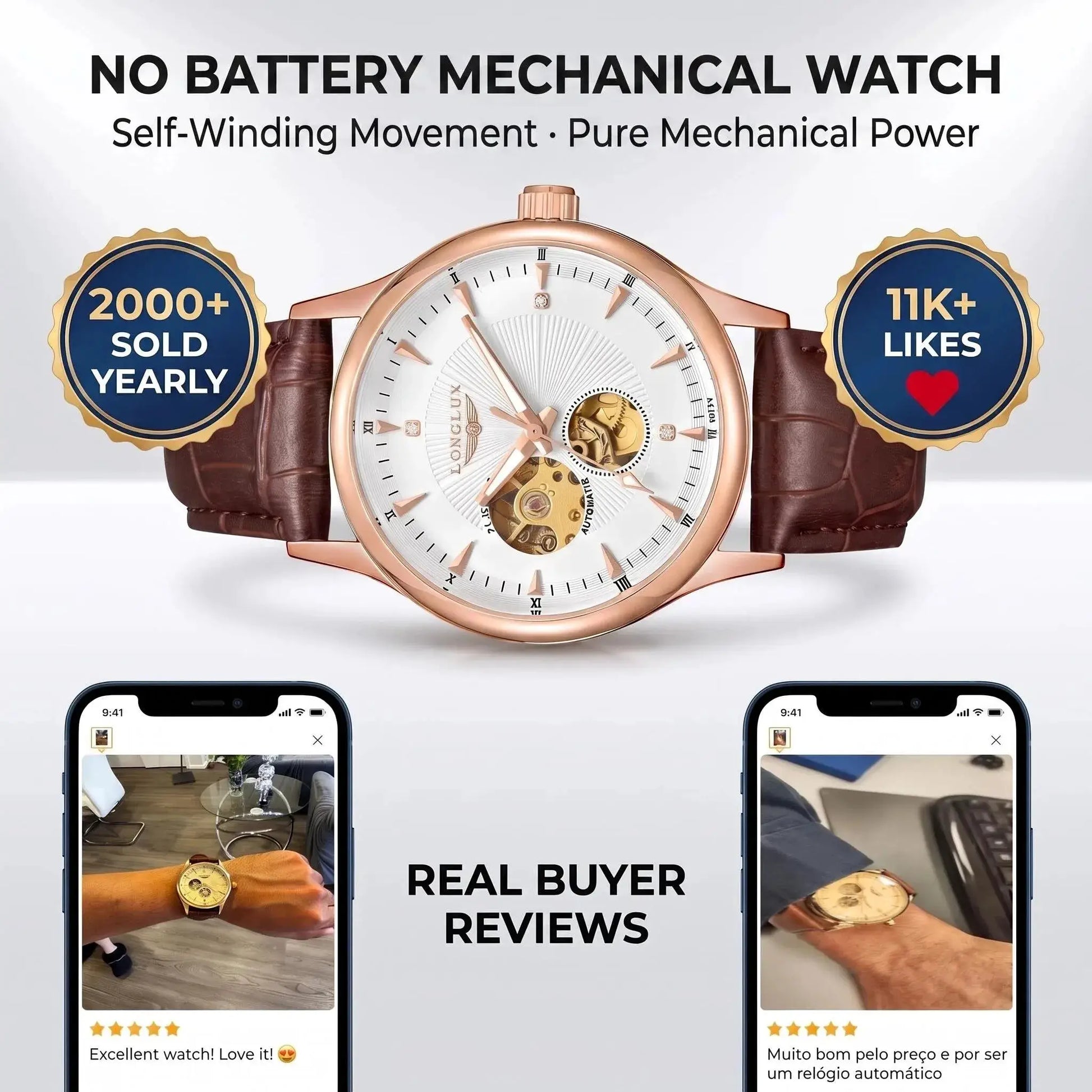LONGLUX automatic skeleton wristwatch by Simples Market; rose-gold case, brown leather strap, waterproof men's watch