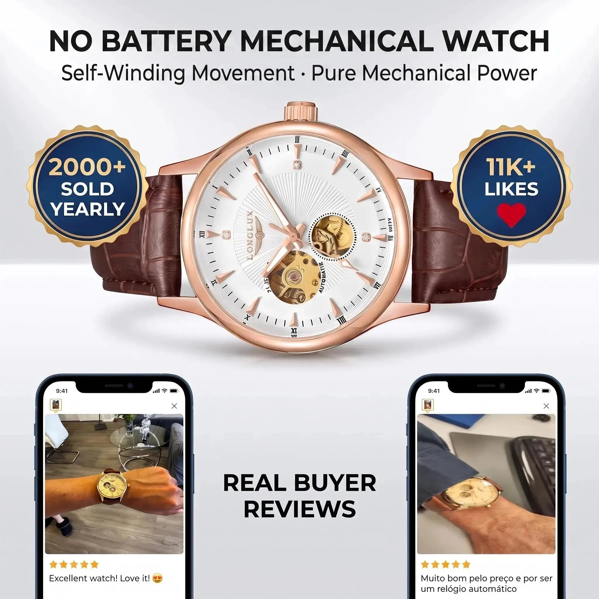 LONGLUX automatic skeleton wristwatch by Simples Market; rose-gold case, brown leather strap, waterproof men's watch