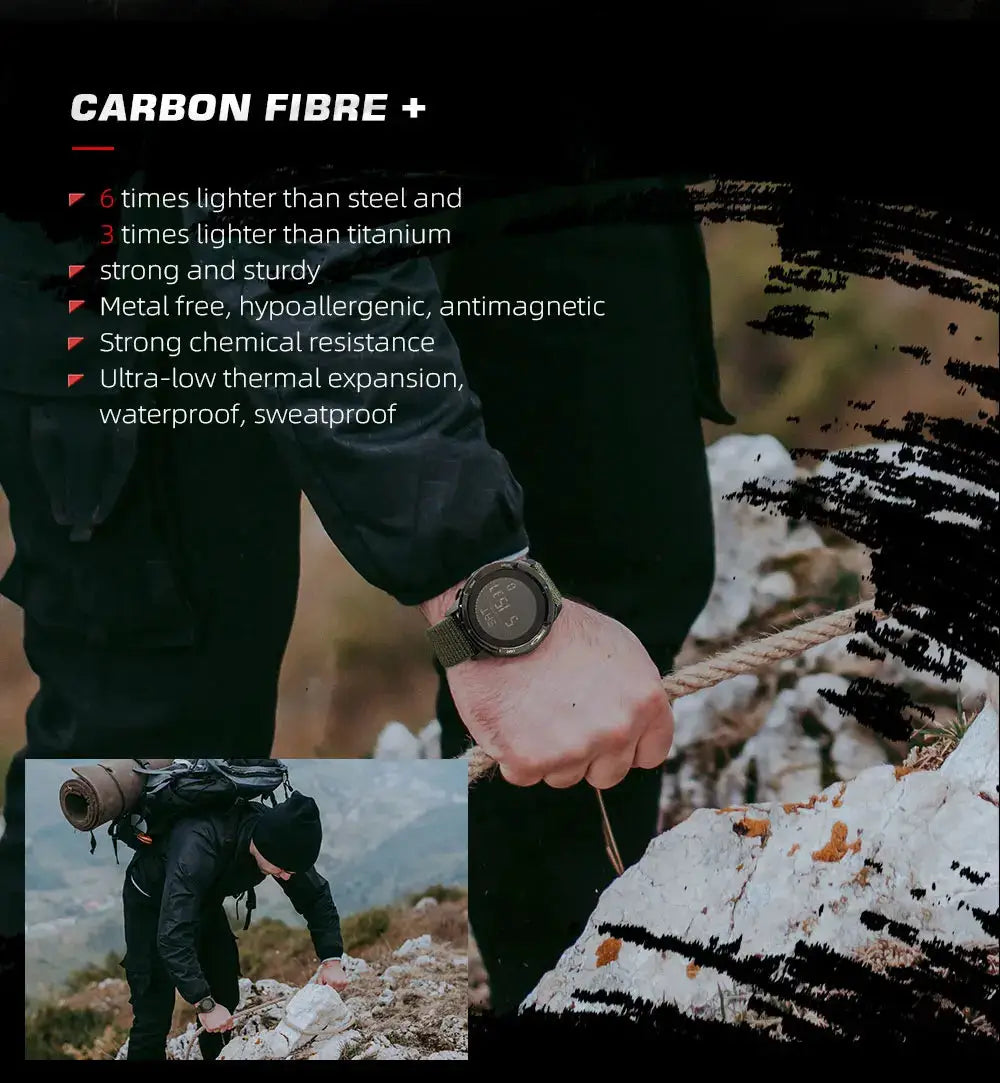NORTH EDGE ALPS digital carbon fiber watch with olive strap, rugged outdoor design
