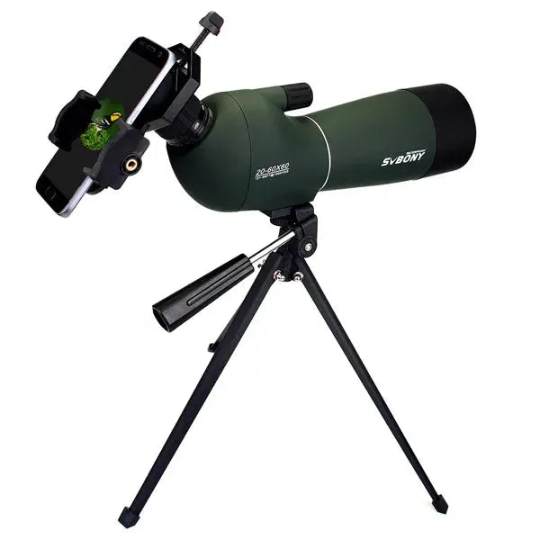 SVBONY SV28 spotting scope on tripod with smartphone adapter, green body, waterproof