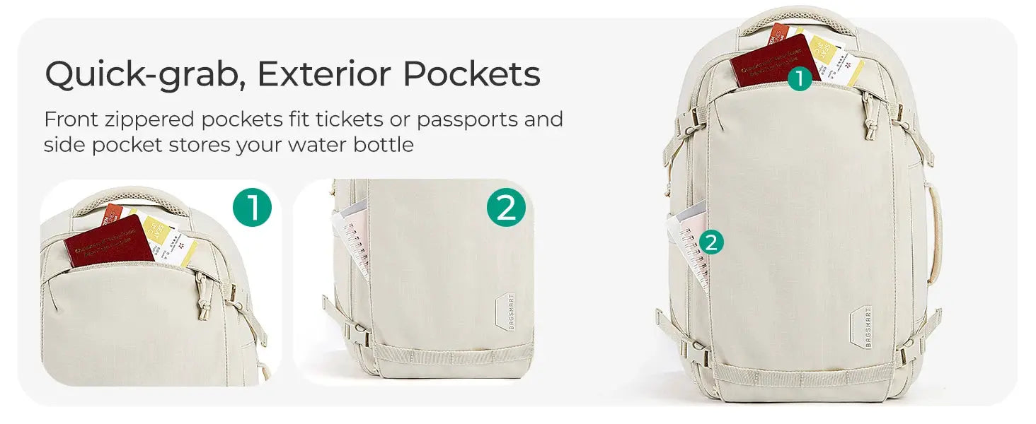 BAGSMART beige travel backpack with exterior pockets and visible logo