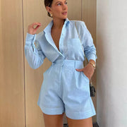 Women Long Sleeve Two Piece Set With Button Down Shirt And Shorts