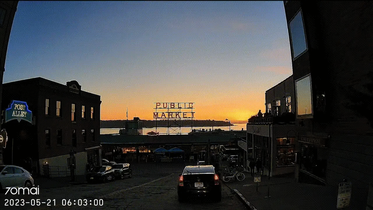 70mai dash cam frame capturing sunset over Public Market street, parked cars, 70mai logo and timestamp