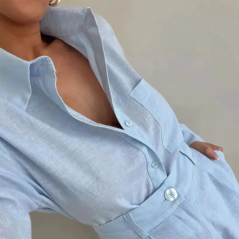 Women Long Sleeve Two Piece Set With Button Down Shirt And Shorts