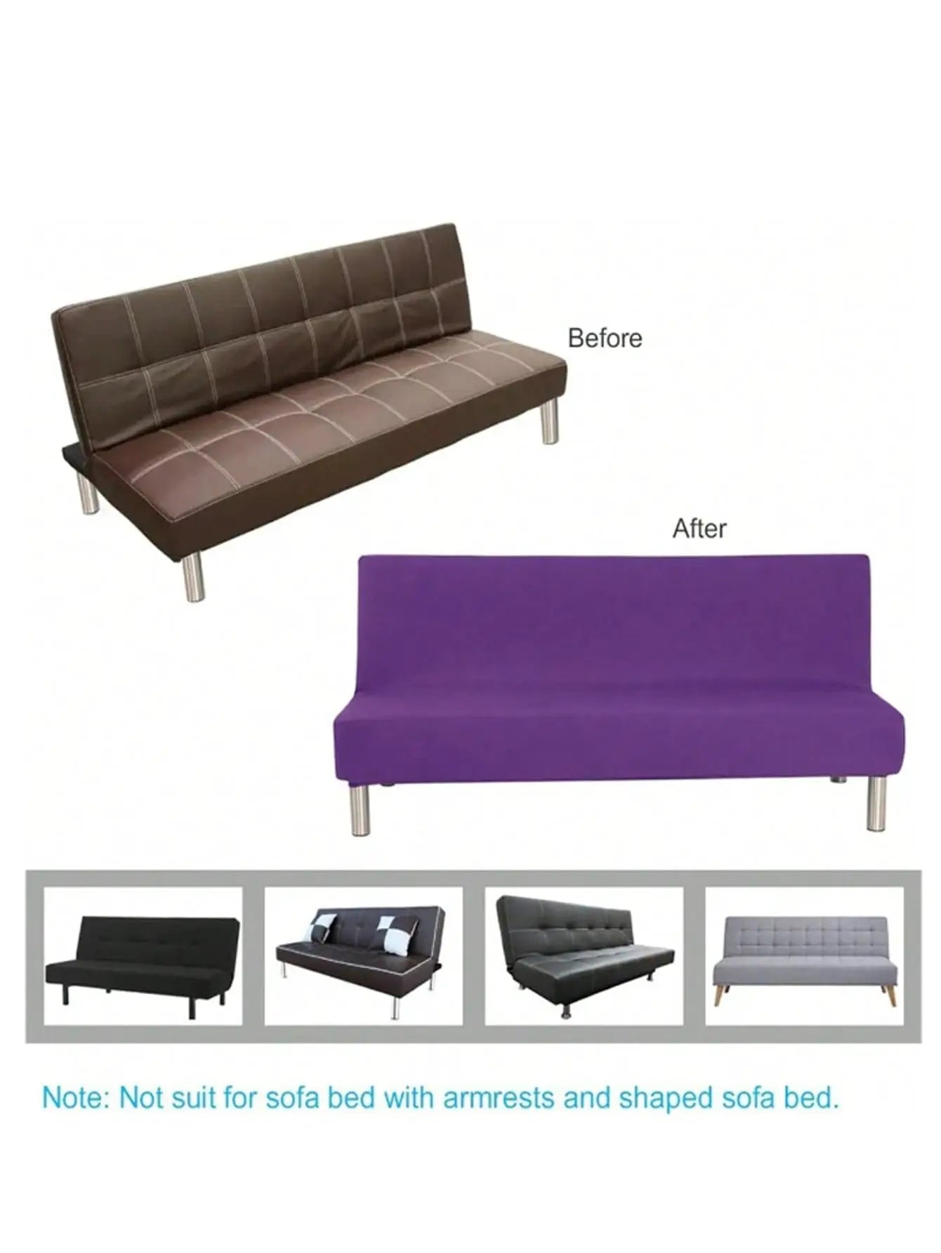 Sofa bed cover by Simples Market; 1 pc stretch jacquard futon cover, purple after installation with brown before.