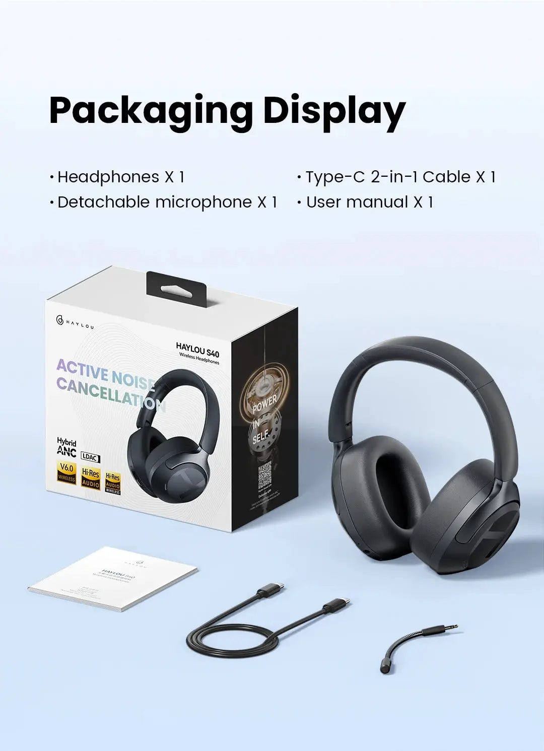 HAYLOU S40 ANC wireless over-ear headphones, black, boxed with detachable microphone and Type-C 2-in-1 cable.