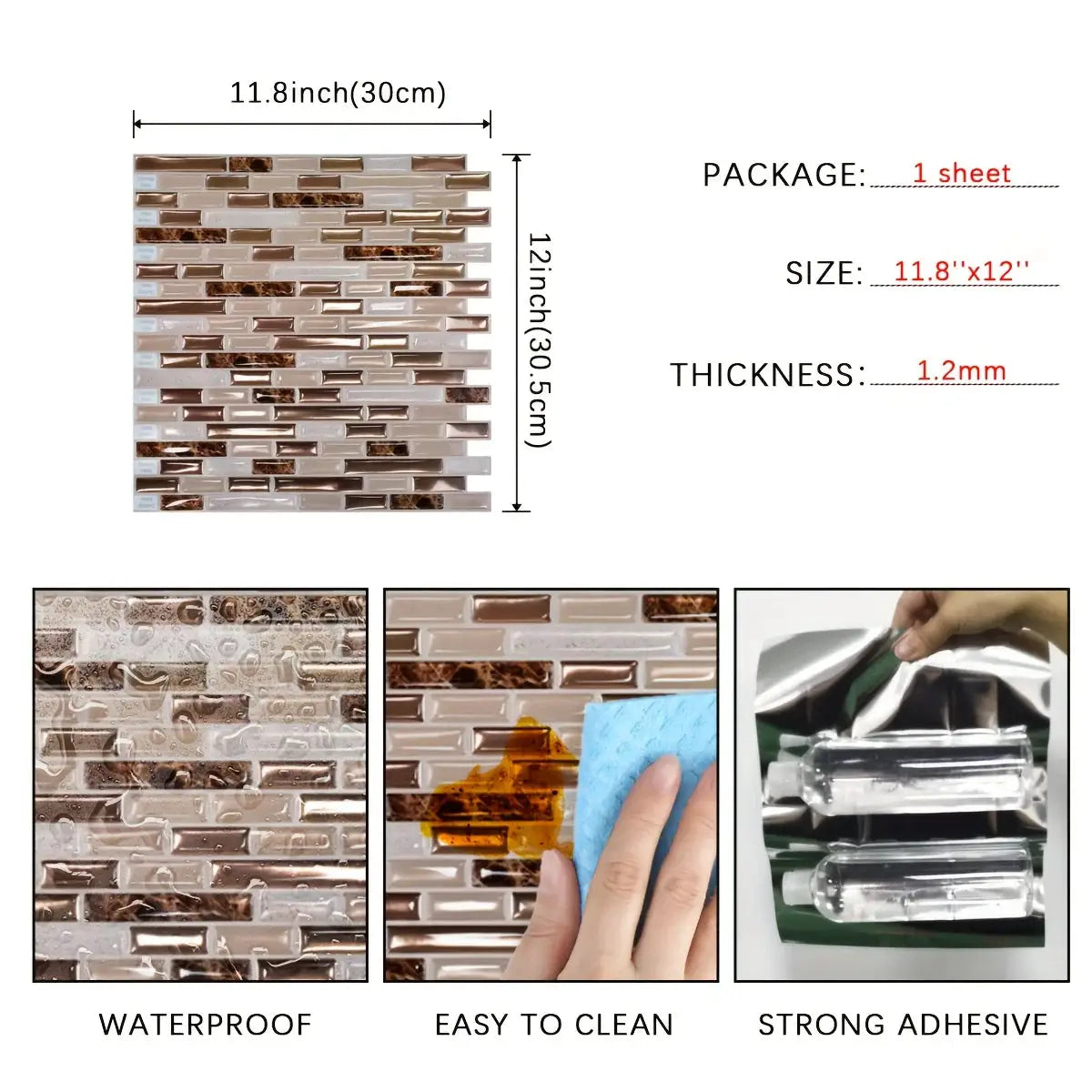 Simples Market gold mosaic self-adhesive wall tiles, 11.8 x 12 inches, 1 sheet; waterproof, easy to clean, adhesive