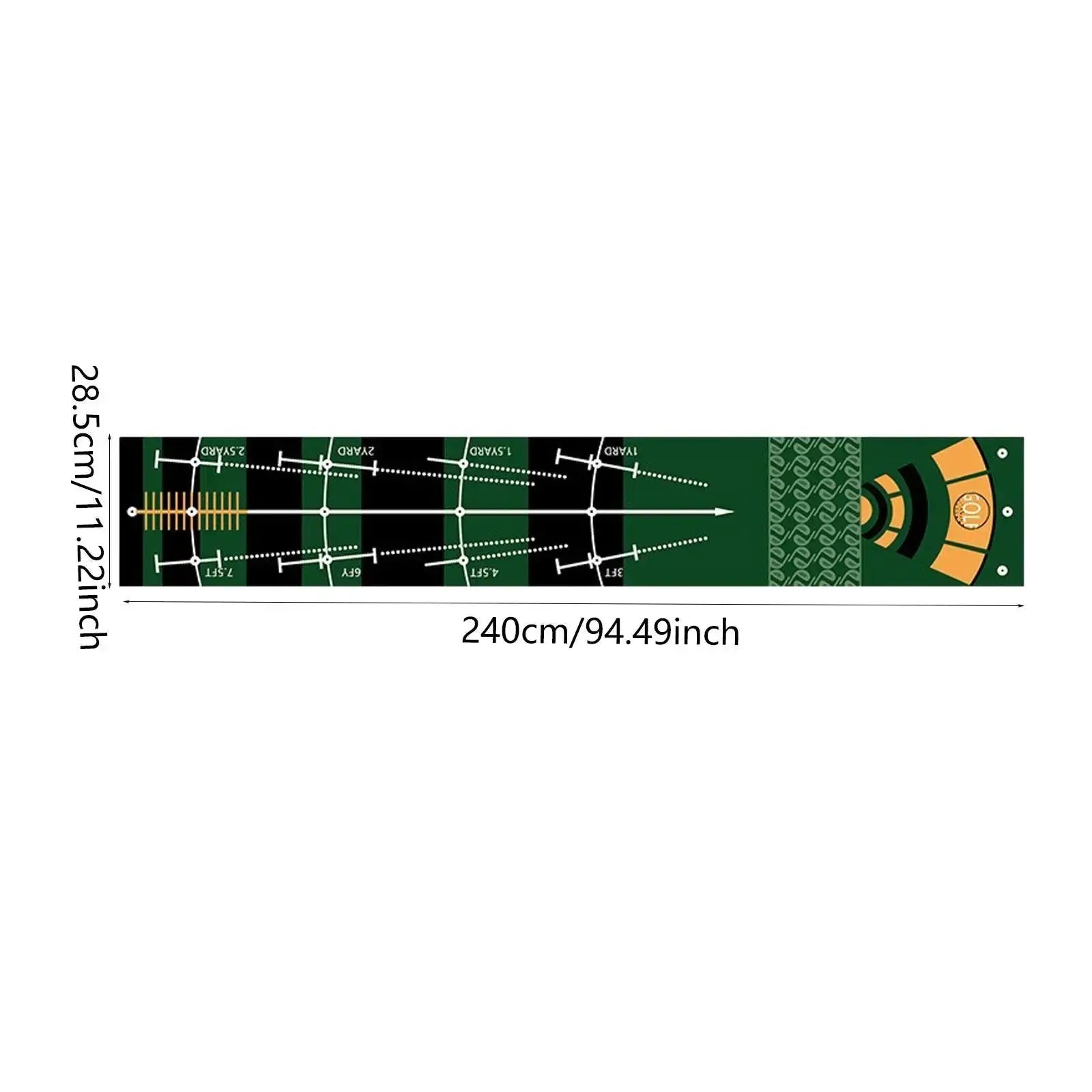 Golf putting mat by Simples Market, green training aid with alignment lines, 240 cm long.