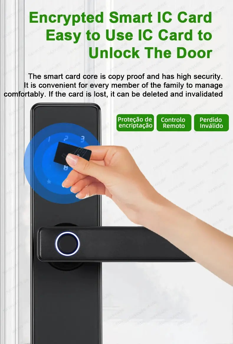 RAYKUBE K20 smart door lock with IC card reader, black finish, blue LED reader