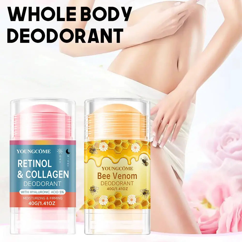 Two YoungCome deodorants: Retinol & Collagen (pink label) and Bee Venom (orange honeycomb label)
