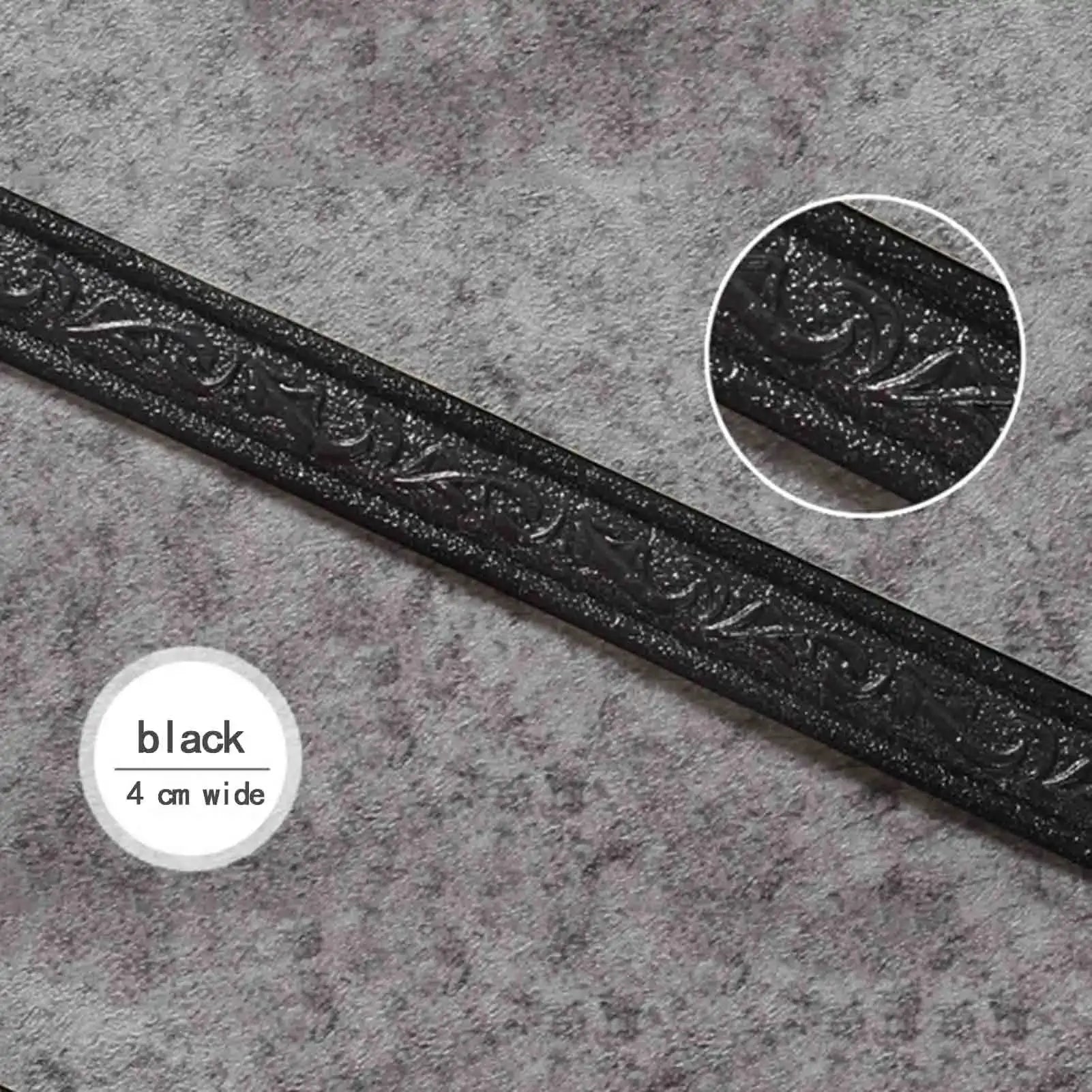 Self-adhesive black wall border strip, 230 cm x 4 cm, embossed 3D floral pattern, waterproof