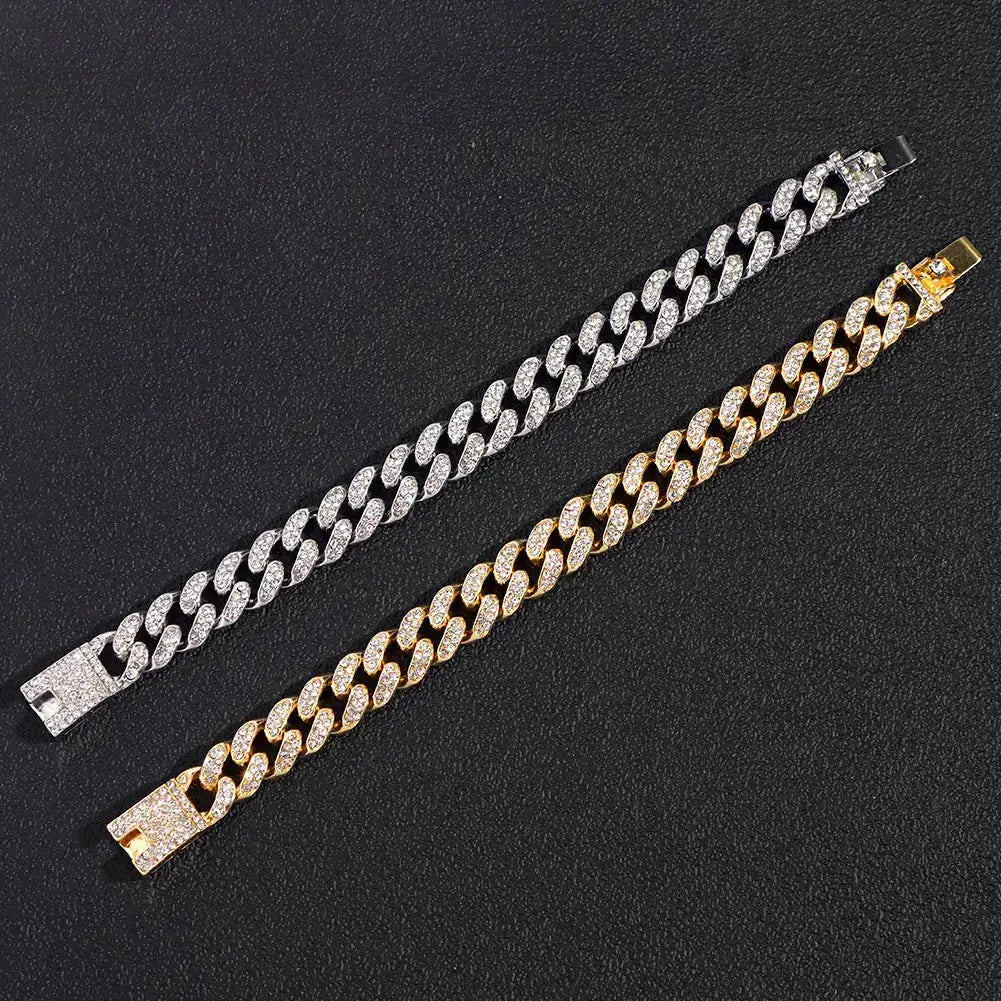 Hip Hop Cuban Link Bracelet for Men and Women Iced Out Rhinestone Gold Silver Color Miami Chain Unisex Jewelry Gift