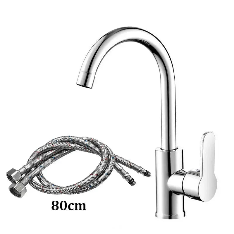 Chrome kitchen faucet with gooseneck spout and 80cm braided hoses; single lever control