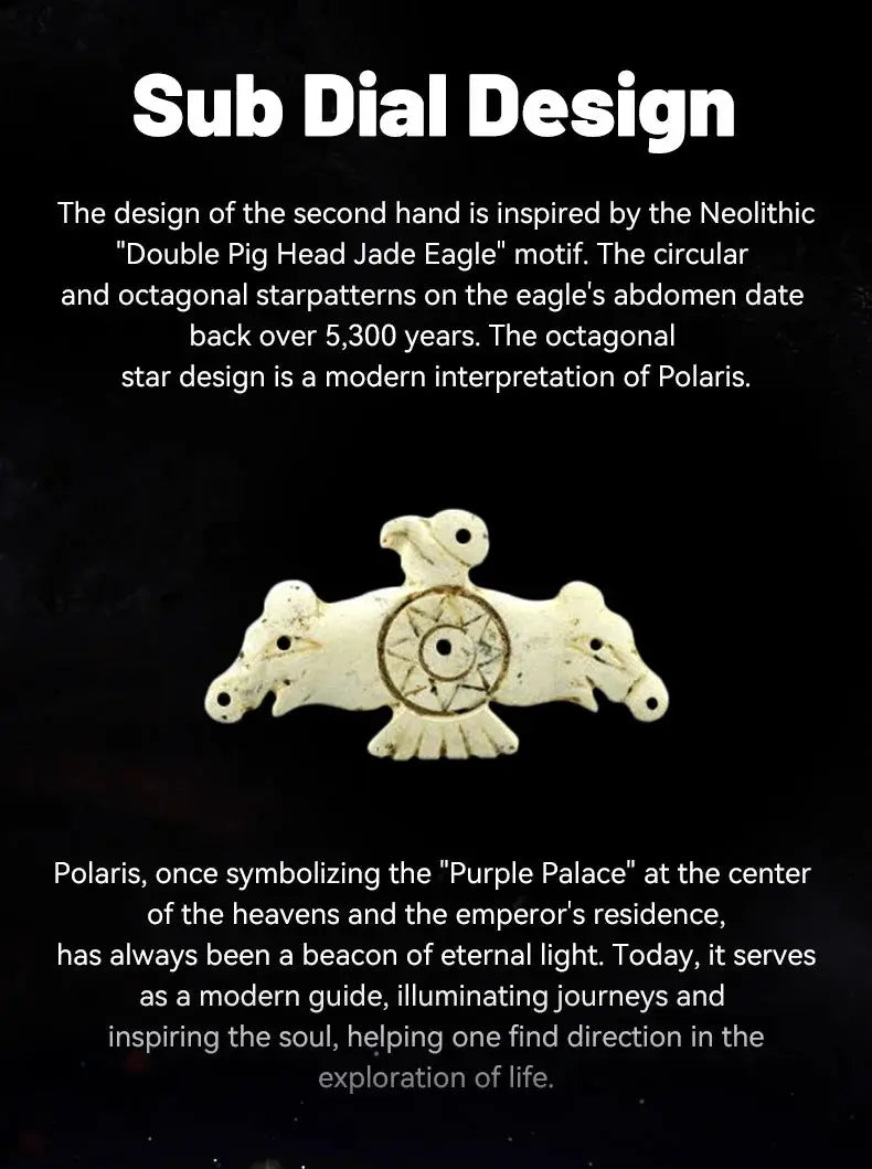Watch design infographic showing sub-dial concept with beige eagle motif pendant on black background