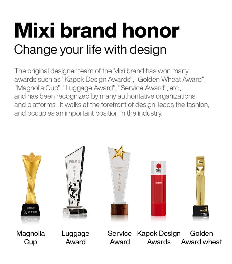 Five Mixi brand honor trophies for Magnolia Cup, Luggage Award, Service Award, Kapok Design Awards, and Golden Wheat Award.