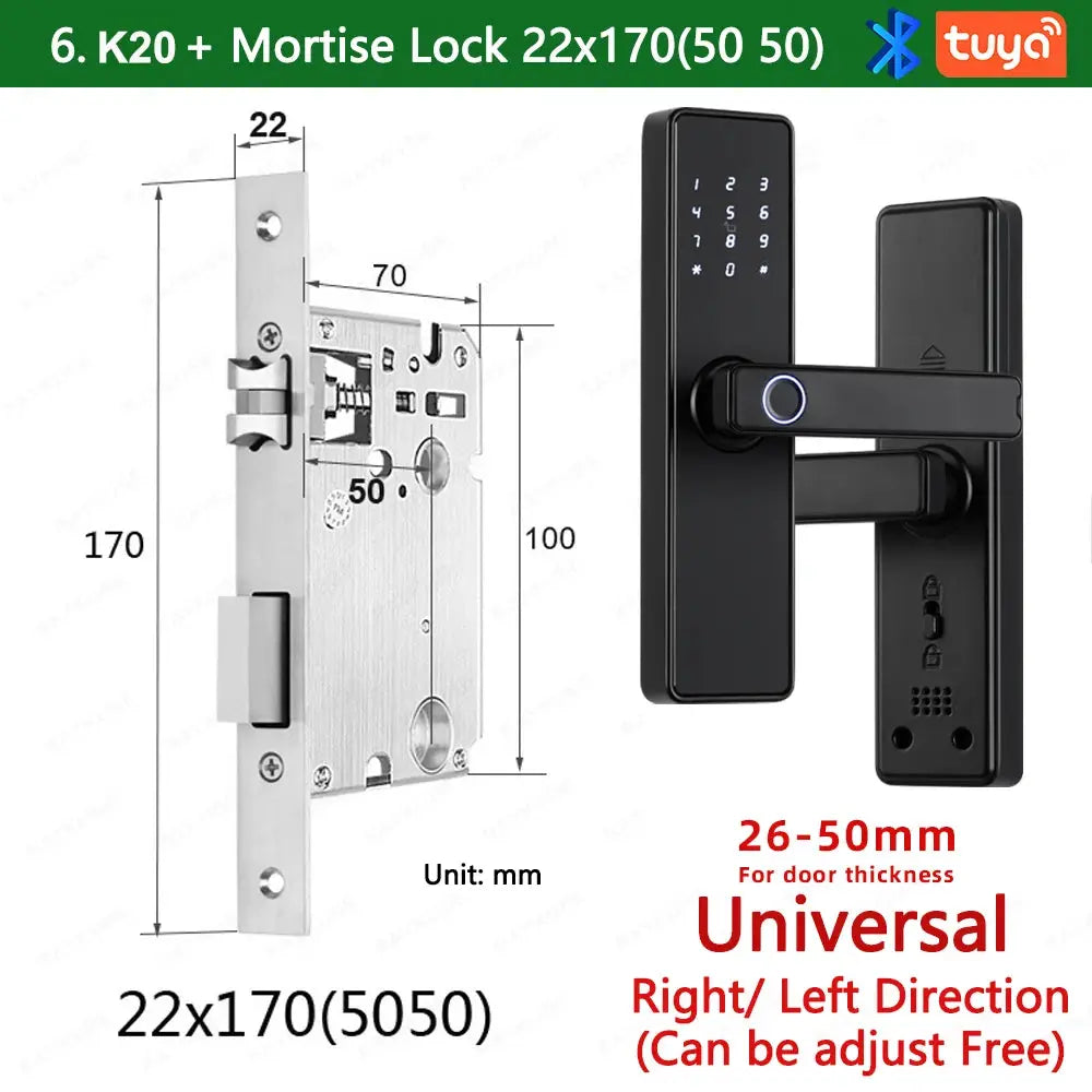 RAYKUBE K20 biometric smart door lock; Tuya-enabled, fingerprint, IC card, password, key unlock, black finish